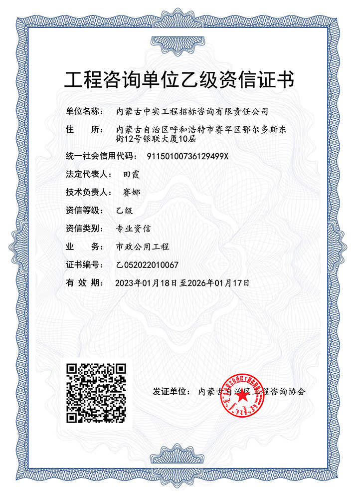 工程咨詢單位乙級(jí)專業(yè)資信證書